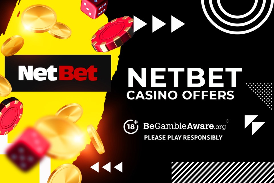Illustration of NetBet casino offers; gold coins, dice, and poker chips.  Please play responsibly.
