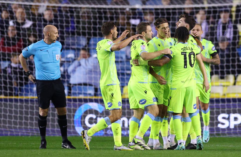 LONDON, ENGLAND - OCTOBER 24: Joseph Rankin-Costello of Blackburn Rovers celebrates with teammates after scoring the team's first goal during the Sky Bet Championship match between Millwall and Blackburn Rovers at The Den on October 24, 2023 in London, England. (Photo by Andrew Redington/Getty Images)