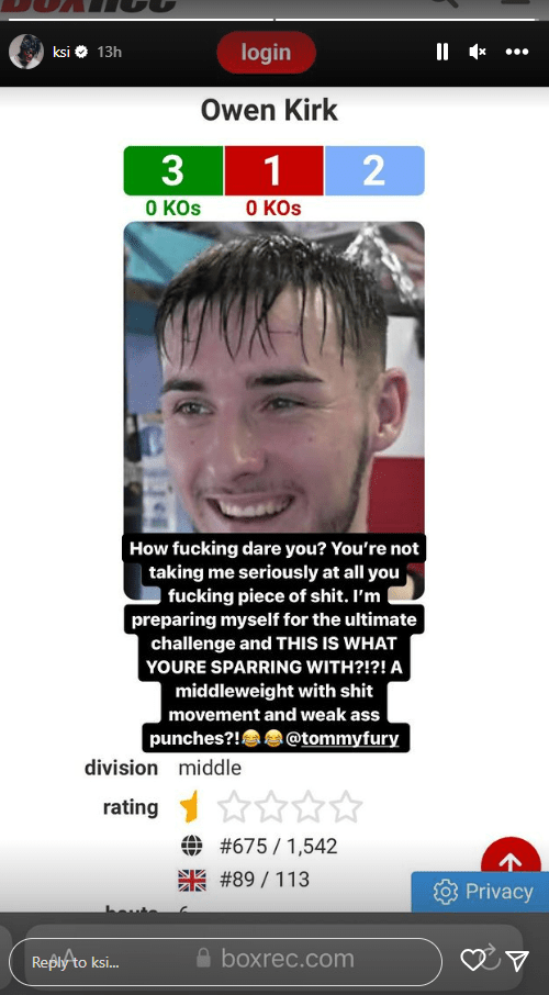 The YouTuber shared  Owen Kirk's boxing record with his followers