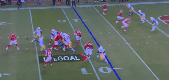 Mahomes reveals that the blocking was all a trick as Pacheco waits for a pass