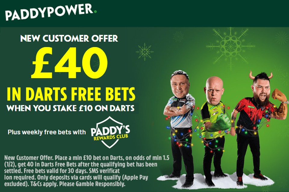 Paddy Power have a 3/1 Power Price on the action tonight along with £40 in free bets for new customers who bet on the darts PDC World Championship action!