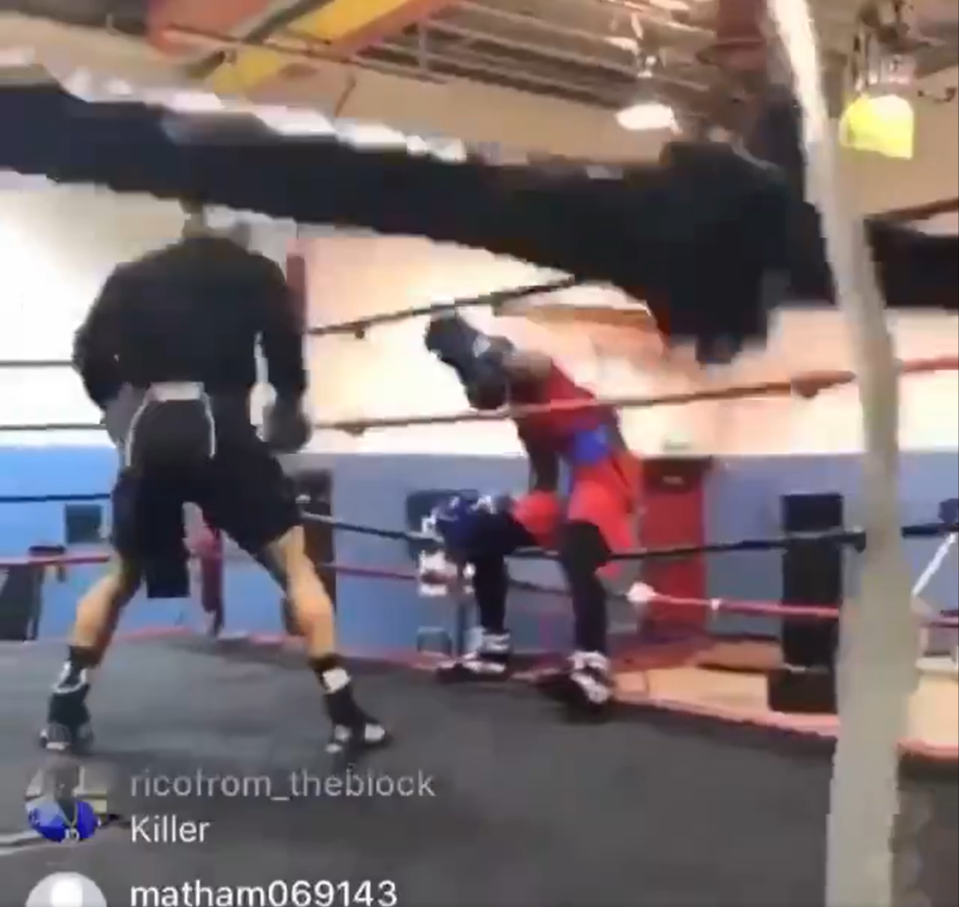 Davis took the opportunity to mock his opponent when he fell out of the ropes