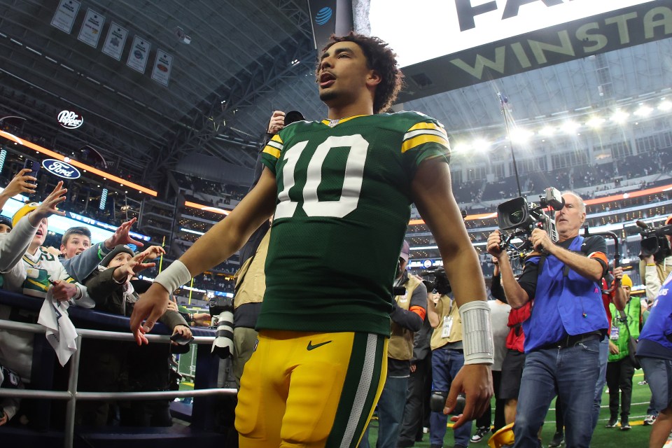 ARLINGTON, TEXAS - JANUARY 14: Jordan Love #10 of the Green Bay Packers leaves the field following the NFC Wild Card Playoff game against the Dallas Cowboys at AT&T Stadium on January 14, 2024 in Arlington, Texas. The Packers defeated the Cowboys 48-32. (Photo by Richard Rodriguez/Getty Images)