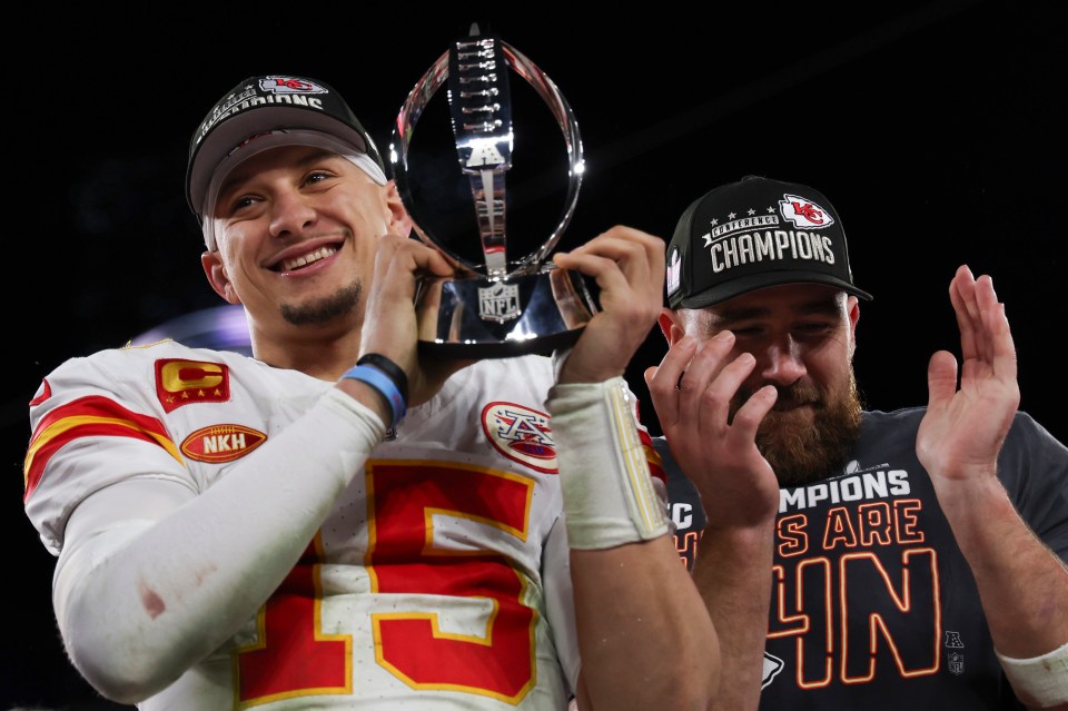 BALTIMORE, MARYLAND - JANUARY 28: Patrick Mahomes #15 of the Kansas City Chiefs holds the Lamar Hunt Trophy with Travis Kelce #87 after the AFC championship game against the Baltimore Ravens at M&T Bank Stadium on January 28, 2024 in Baltimore, Maryland. (Photo by Kara Durrette/Getty Images)