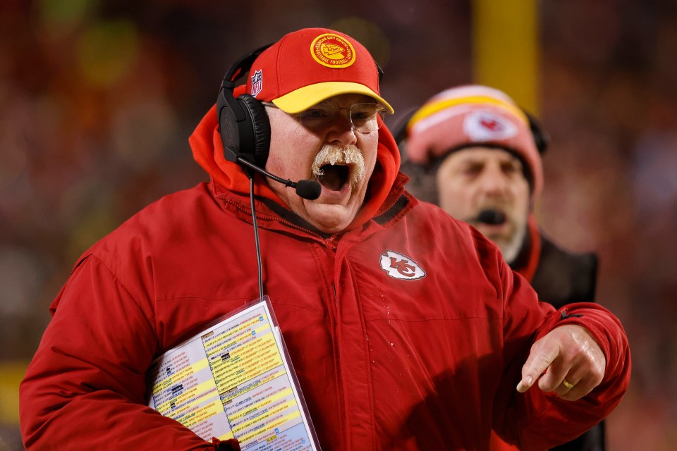 KANSAS CITY, MISSOURI - JANUARY 13: Head coach Andy Reid of the Kansas City Chiefs reacts during the AFC Wild Card Playoffs against the Miami Dolphins at GEHA Field at Arrowhead Stadium on January 13, 2024 in Kansas City, Missouri. (Photo by David Eulitt/Getty Images)