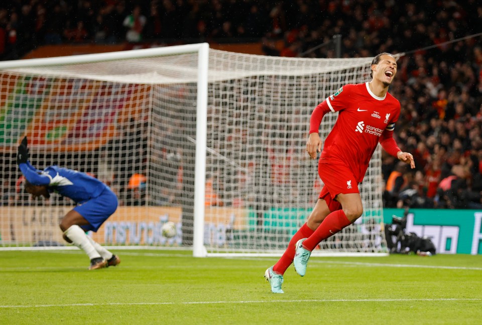 LONDON, ENGLAND - FEBRUARY 25: Virgil van Dijk of Liverpool celebrates the winning goal during the Carabao Cup Final match between Chelsea and Liverpool at Wembley Stadium on February 25, 2024 in London, England. (Photo by Nigel French/Sportsphoto/Allstar via Getty Images)