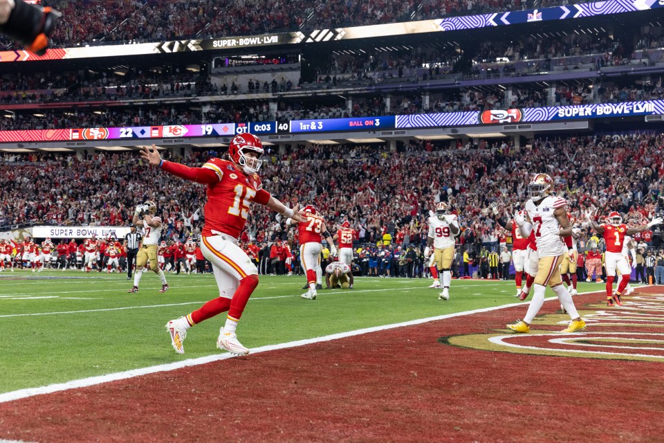 LAS VEGAS, NEVADA - FEBRUARY 11: Patrick Mahomes #15 of the Kansas City Chiefs runs into the end zone as he celebrates after passing to Mecole Hardman Jr. #12 of the Kansas City Chiefs to win in overtime during the NFL Super Bowl 58 football game between the San Francisco 49ers and the Kansas City Chiefs at Allegiant Stadium on February 11, 2024 in Las Vegas, Nevada. (Photo by Michael Owens/Getty Images)