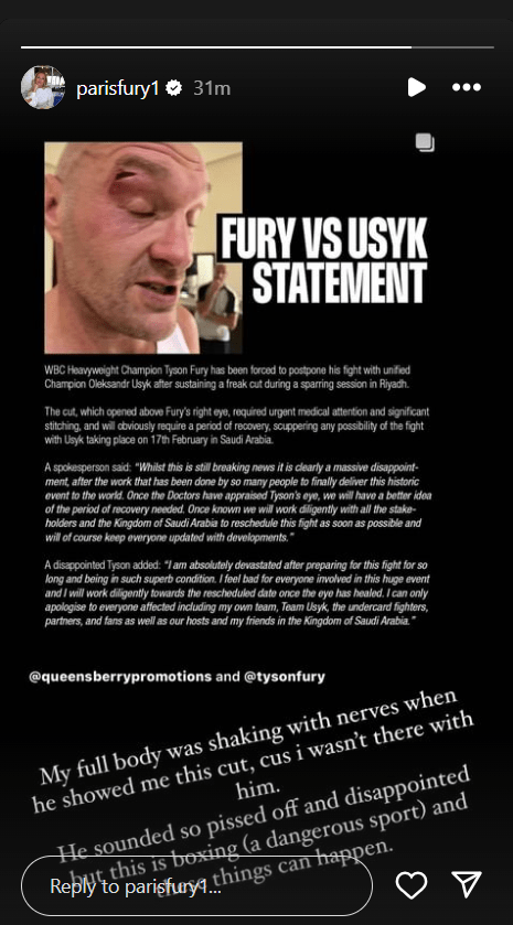 Paris shared her feelings on social media after Fury's cut was revealed