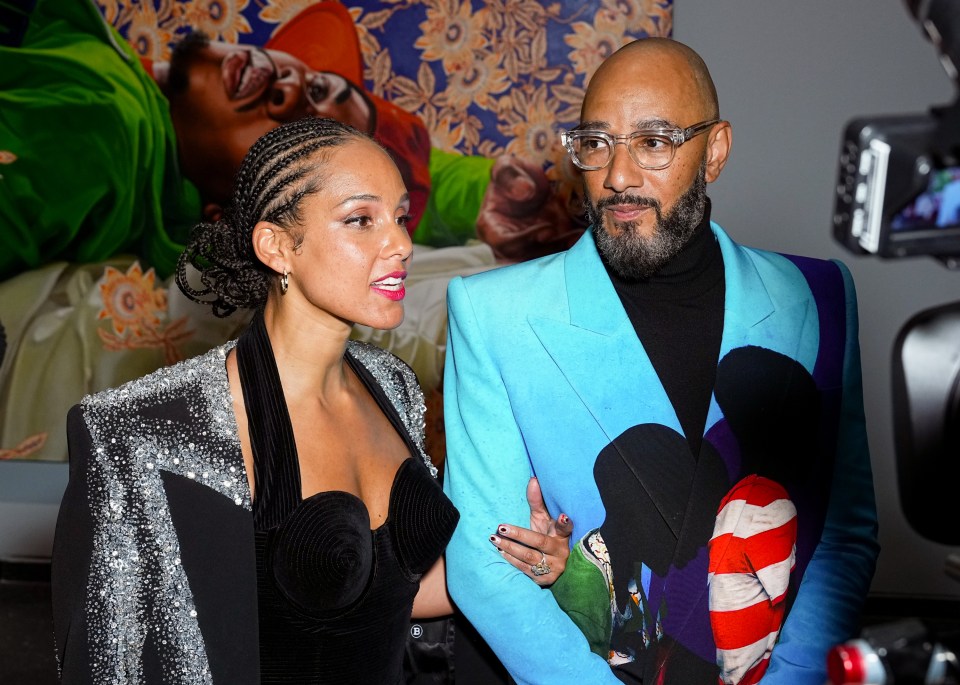 Alicia Keys and Swizz Beatz at "Giants: Art from the Dean Collection of Swizz Beatz and Alicia Keys" held at the Brooklyn Museum on February 6, 2024 in New York, New York. (Photo by John Nacion/WWD via Getty Images)