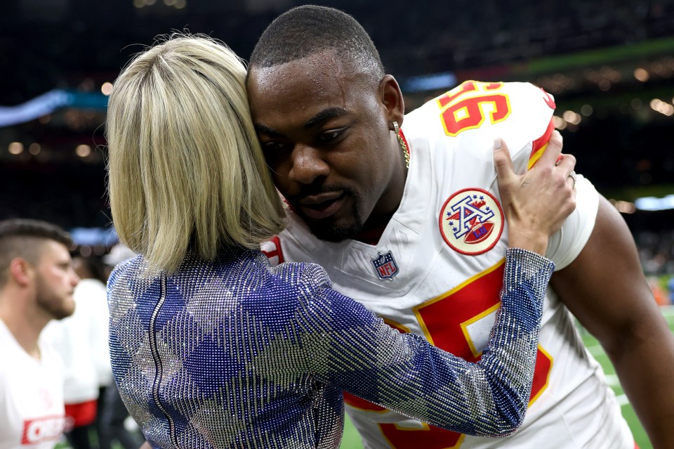 Jones received a hug after the Chiefs fell to the Eagles in Super Bowl LIX