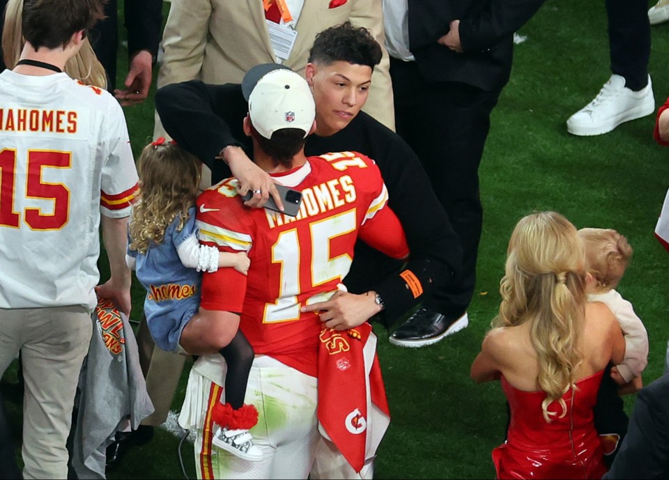 LAS VEGAS, NEVADA - FEBRUARY 11: Patrick Mahomes #15 of the Kansas City Chiefs celebrates with his brother, Jackson Mahomes, after defeating the San Francisco 49ers 25-22 in overtime during Super Bowl LVIII at Allegiant Stadium on February 11, 2024 in Las Vegas, Nevada. (Photo by Michael Reaves/Getty Images)