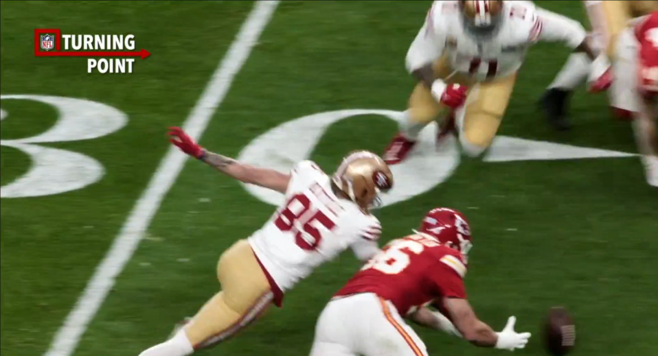 The Chiefs man pounced on the lose ball while Kittle was too busy joking