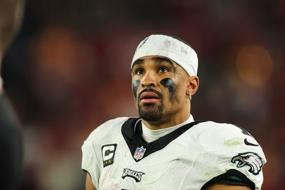 TAMPA, FL - JANUARY 15: Jalen Hurts #1 of the Philadelphia Eagles looks on from the field during an NFL Wild Card playoff football game against the Tampa Bay Buccaneers at Raymond James Stadium on January 15, 2024 in Tampa, Florida. (Photo by Perry Knotts/Getty Images)