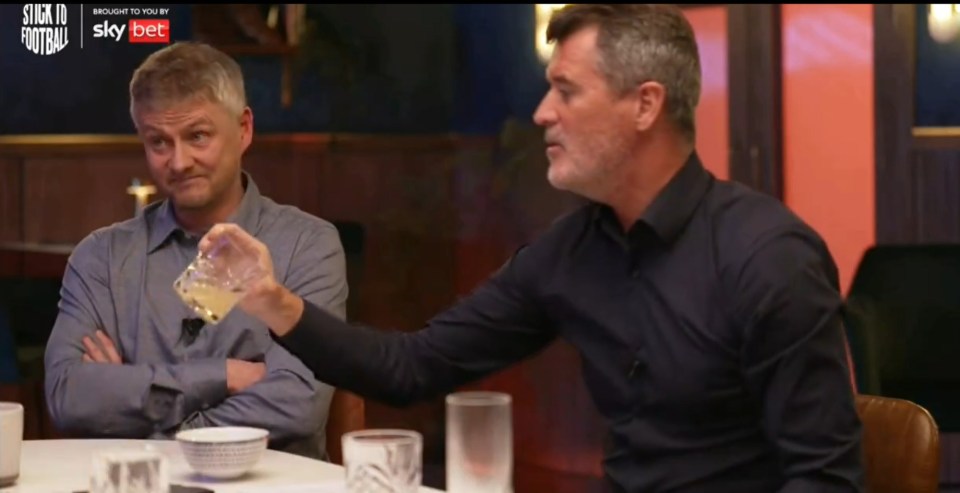 Keane couldn't help but cheekily check what Solskjaer was drinking after his comment