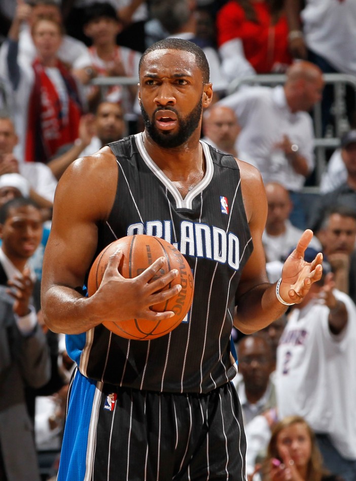 ATLANTA, GA - APRIL 28: Gilbert Arenas 431 of the Orlando Magic against the Atlanta Hawks during Game Six of the Eastern Conference Quarterfinals in the 2011 NBA Playoffs at Philips Arena on April 28, 2011 in Atlanta, Georgia. NOTE TO USER: User expressly acknowledges and agrees that, by downloading and or using this photograph, User is consenting to the terms and conditions of the Getty Images License Agreement. (Photo by Kevin C. Cox/Getty Images)