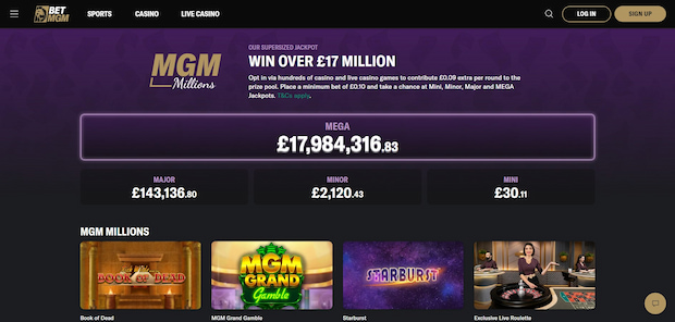 BetMGM casino jackpot amounts: Mega £17,984,316.83; Major £143,136.80; Minor £2,120.43; Mini £30.11.