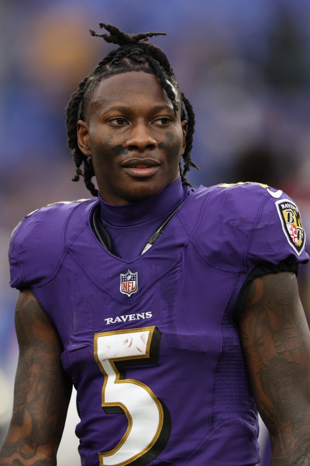 BALTIMORE, MARYLAND - JANUARY 02: Wide receiver Marquise Brown #5 of the Baltimore Ravens looks on after losing the Los Angeles Rams at M&T Bank Stadium on January 02, 2022 in Baltimore, Maryland. (Photo by Patrick Smith/Getty Images)