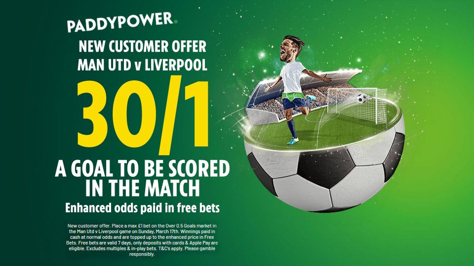 Paddy Power are offering 30/1 odds on there to be a goal in Man United vs Liverpool on Sunday evening for new customers!