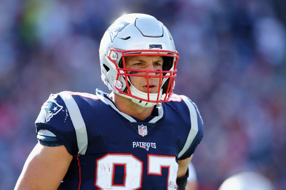 FOXBOROUGH, MA - SEPTEMBER 30:  Rob Gronkowski #87 of the New England Patriots looks on during the second half against the Miami Dolphins at Gillette Stadium on September 30, 2018 in Foxborough, Massachusetts.  (Photo by Maddie Meyer/Getty Images)