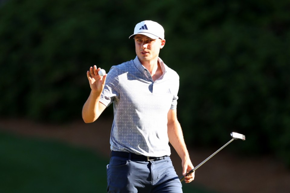 AUGUSTA, GEORGIA - APRIL 14: Ludvig Åberg of Sweden reacts after making birdie on the 13th green during the final round of the 2024 Masters Tournament at Augusta National Golf Club on April 14, 2024 in Augusta, Georgia. (Photo by Andrew Redington/Getty Images)