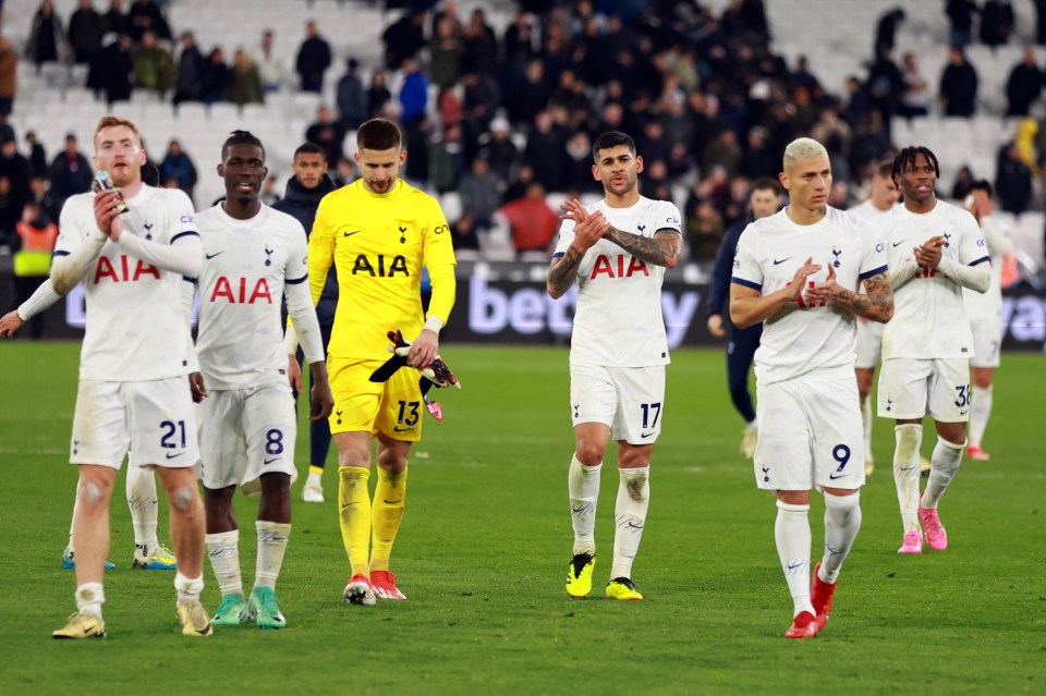 LONDON, ENGLAND - APRIL 2:  Tottenham Hotspur players react after the Premier League match between West Ham United and Tottenham Hotspur at London Stadium on April 2, 2024 in London, England.(Photo by Marc Atkins/Getty Images)