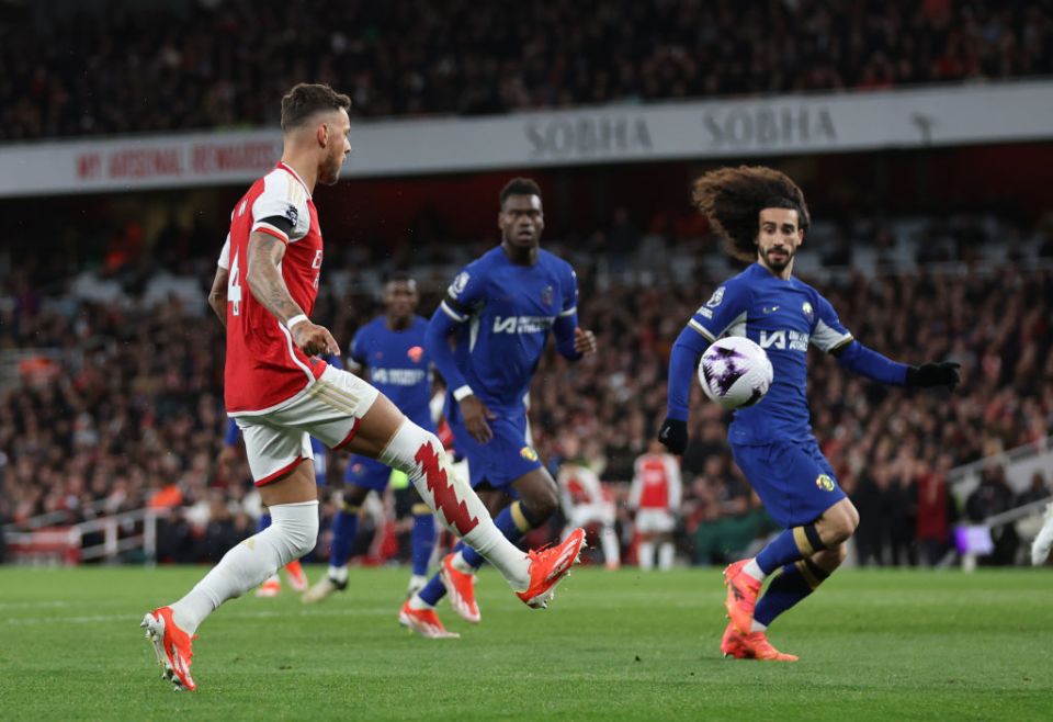 LONDON, ENGLAND - APRIL 23: Ben White of Arsenal scores a goal to make it 5-0  during the Premier League match between Arsenal FC and Chelsea FC at Emirates Stadium on April 23, 2024 in London, England.(Photo by Catherine Ivill - AMA/Getty Images)
