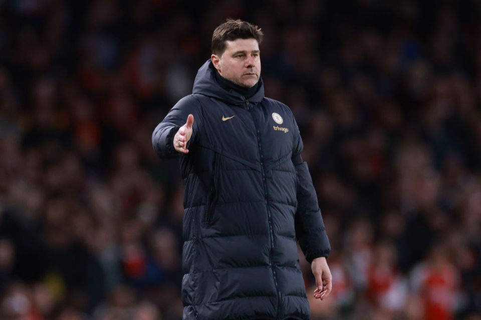 LONDON, ENGLAND - APRIL 23: Chelsea Head Coach Mauricio Pochettino looks on during the Premier League match between Arsenal FC and Chelsea FC at Emirates Stadium on April 23, 2024 in London, England.(Photo by Marc Atkins/Getty Images)