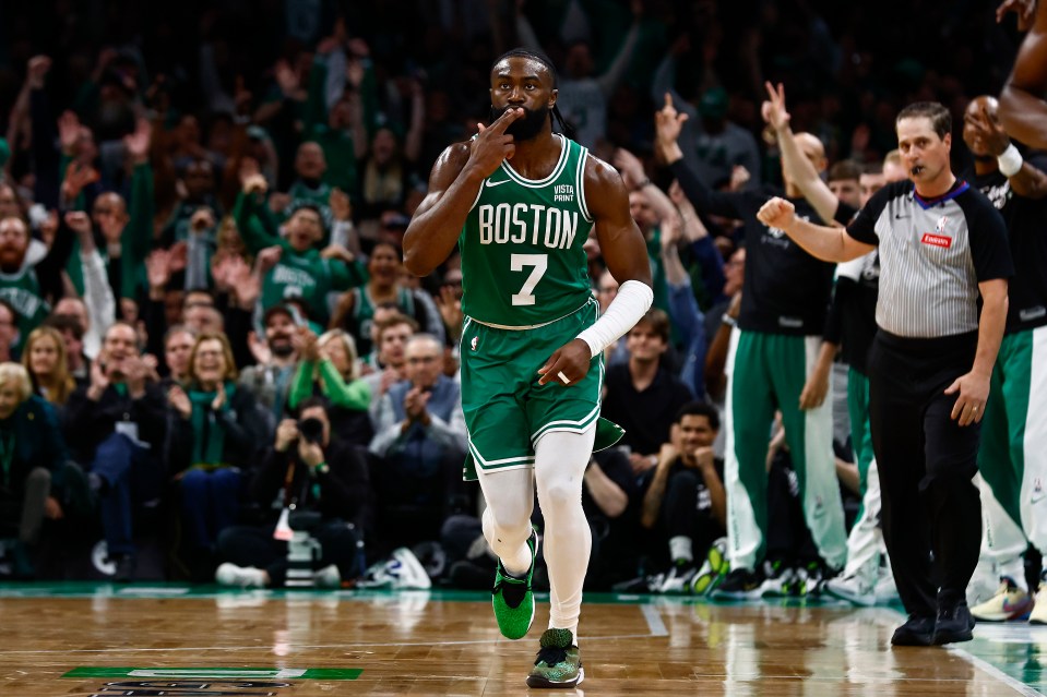 BOSTON, MA - APRIL 24: Jaylen Brown #7 of the Boston Celtics blows a kiss after making a three-point basket against the Miami Heat during the second quarter of game two of the Eastern Conference First Round Playoffs at TD Garden on April 24, 2024 in Boston, Massachusetts. NOTE TO USER: User expressly acknowledges and agrees that, by downloading and/or using this Photograph, user is consenting to the terms and conditions of the Getty Images License Agreement. (Photo By Winslow Townson/Getty Images)