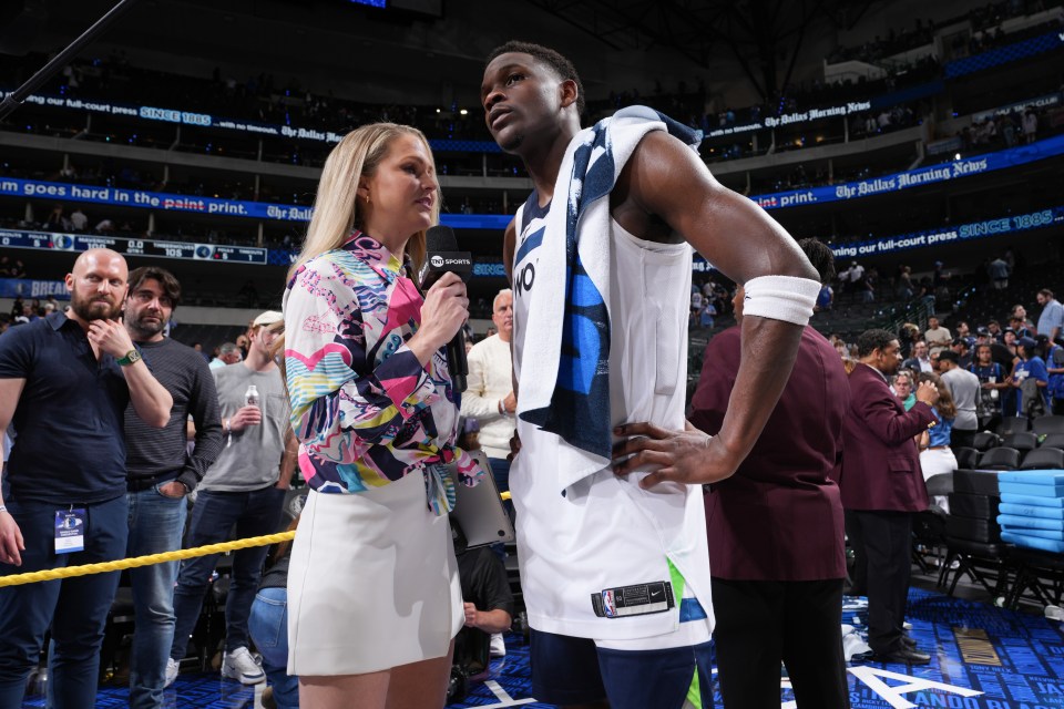 DALLAS, TX - MAY 28: Anthony Edwards #5 of the Minnesota Timberwolves talks to the media after the game against the Denver Nuggets during Game 3 of the Western Conference Finals of the 2024 NBA Playoffs on May 28, 2024 at the American Airlines Center in Dallas, Texas. NOTE TO USER: User expressly acknowledges and agrees that, by downloading and or using this photograph, User is consenting to the terms and conditions of the Getty Images License Agreement. Mandatory Copyright Notice: Copyright 2024 NBAE (Photo by Jesse D. Garrabrant/NBAE via Getty Images)