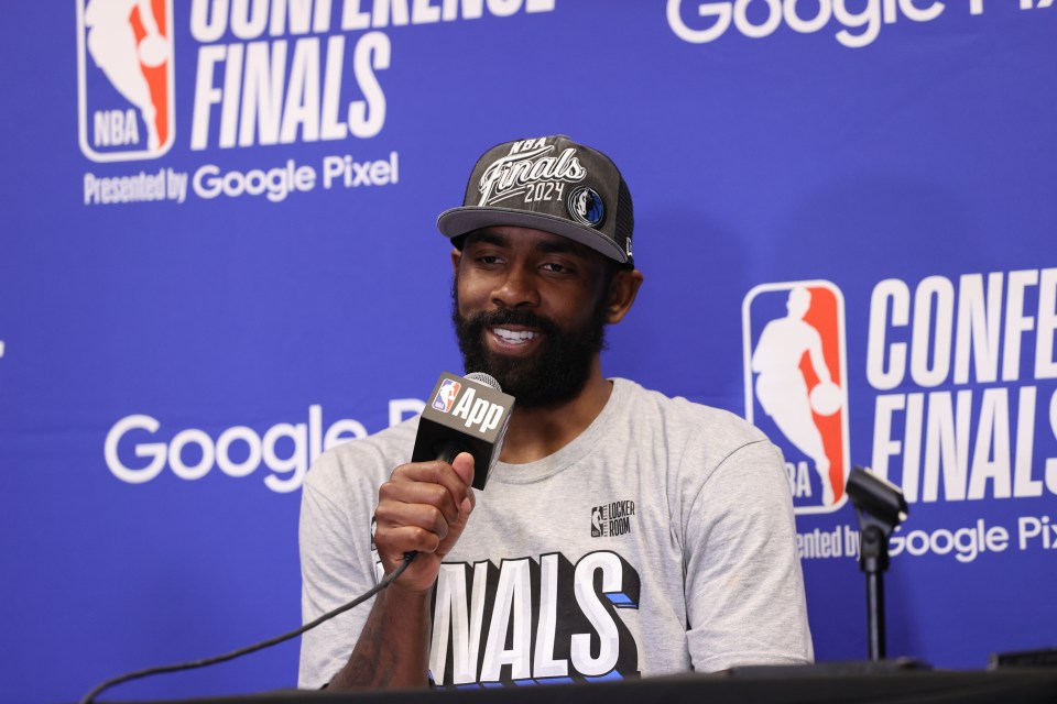 MINNEAPOLIS, MN - MAY 30: Kyrie Irving #11 of the Dallas Mavericks speaks at a press conference after winning the Western Conference Finals against the Minnesota Timberwolves during Round 3 Game 5 of the 2024 NBA Playoffs on May 30, 2024 at Target Center in Minneapolis, Minnesota. NOTE TO USER: User expressly acknowledges and agrees that, by downloading and or using this Photograph, user is consenting to the terms and conditions of the Getty Images License Agreement. Mandatory Copyright Notice: Copyright 2024 NBAE (Photo by Joe Murphy/NBAE via Getty Images)