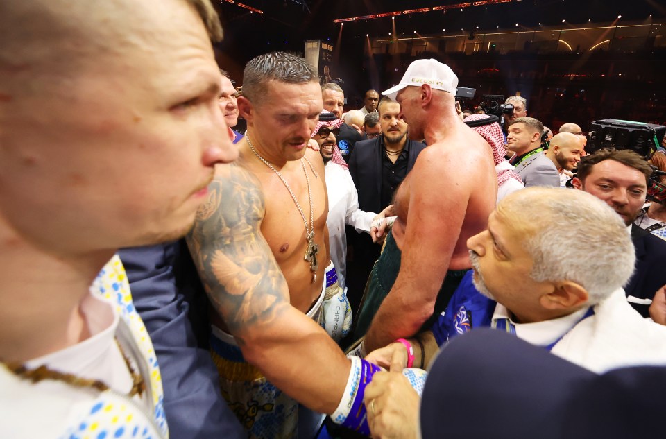 RIYADH, SAUDI ARABIA - MAY 18: Oleksandr Usyk has his gloves removed following victory over Tyson Fury in the IBF, WBA, WBC, WBO and Undisputed Heavyweight titles' fight between Tyson Fury and Oleksandr Usyk at Kingdom Arena on May 18, 2024 in Riyadh, Saudi Arabia. (Photo by Richard Pelham/Getty Images)