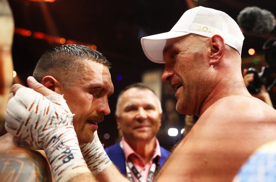 RIYADH, SAUDI ARABIA - MAY 18: Tyson Fury and Oleksandr Usyk interact following the IBF, WBA, WBC, WBO and Undisputed Heavyweight titles' fight between Tyson Fury and Oleksandr Usyk at Kingdom Arena on May 18, 2024 in Riyadh, Saudi Arabia. (Photo by Richard Pelham/Getty Images)