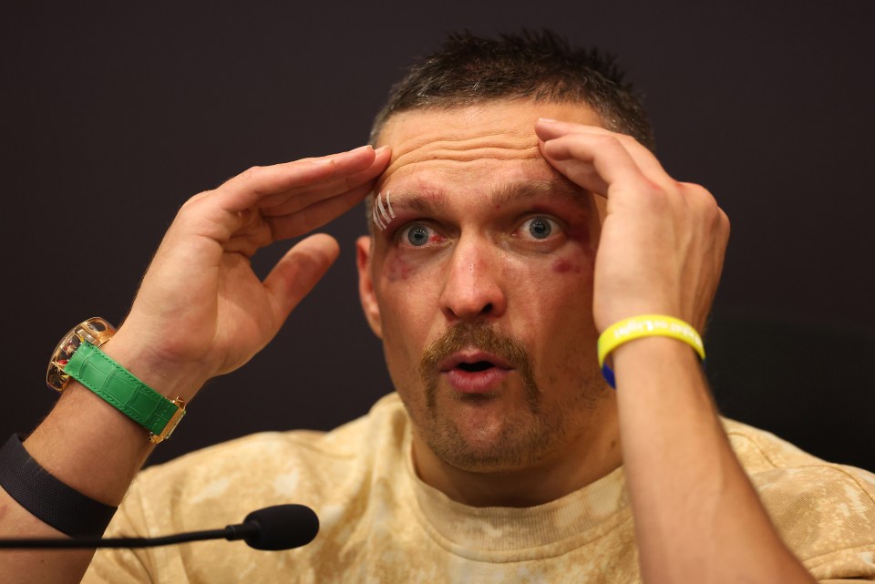 RIYADH, SAUDI ARABIA - MAY 18: Oleksandr Usyk speaks to the media during a post fight press conference following victory over Tyson Fury (not pictured) in the IBF, WBA, WBC, WBO and Undisputed Heavyweight titles' fight between Tyson Fury and Oleksandr Usyk at Kingdom Arena on May 18, 2024 in Riyadh, Saudi Arabia. (Photo by Richard Pelham/Getty Images)