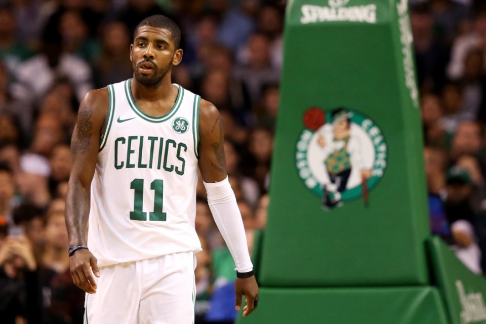 BOSTON, MA - OCTOBER 2: Kyrie Irving 4311 of the Boston Celtics looks on during the first half against the Charlotte Hornets at TD Garden on October 2, 2017 in Boston, Massachusetts. NOTE TO USER: User expressly acknowledges and agrees that, by downloading and or using this Photograph, user is consenting to the terms and conditions of the Getty Images License Agreement. (Photo by Maddie Meyer/Getty Images)