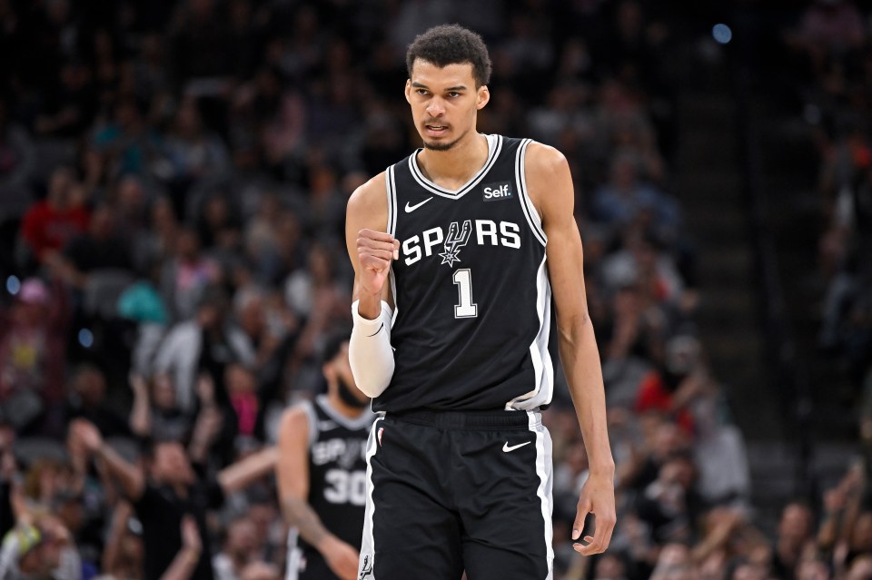 San Antonio Spurs' Victor Wembanyama celebrates a basket during the second half of an NBA basketball game against the Houston Rockets, Tuesday, March 12, 2024, in San Antonio. Houston won 103-101. (AP Photo/Darren Abate)