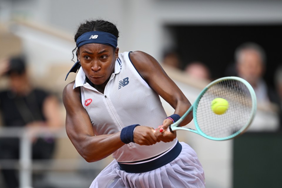 PARIS, FRANCE - JUNE 04: Coco Gauff of United States plays a backhand against Ons Jabeur of Tunisia in the Women's Singles Quarter Final match during Day Ten of the 2024 French Open at Roland Garros on June 04, 2024 in Paris, France. (Photo by Clive Mason/Getty Images)