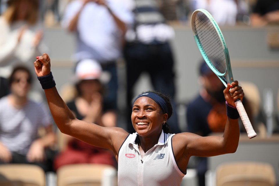 PARIS, FRANCE - JUNE 04: Coco Gauff of United States celebrates winning match point against Ons Jabeur of Tunisia in the Women's Singles Quarter Final match during Day Ten of the 2024 French Open at Roland Garros on June 04, 2024 in Paris, France. (Photo by Clive Mason/Getty Images)