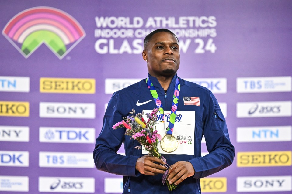 Coleman celebrates winning 60m gold at the 2024 Indoor World Athletics Championships in Glasgow