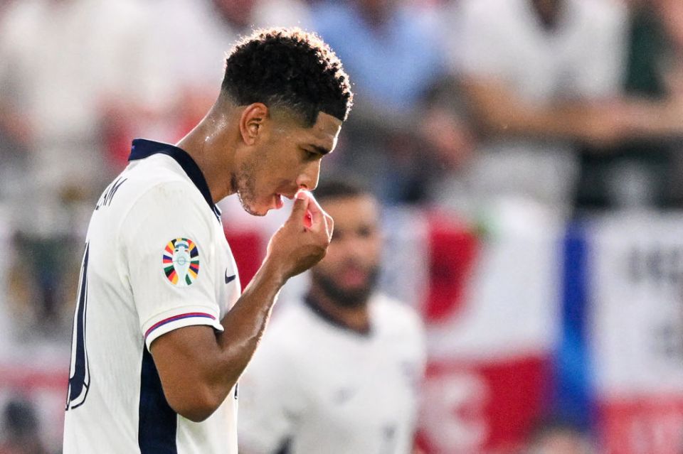 England's midfielder #10 Jude Bellingham reacts during the UEFA Euro 2024 Group C football match between Denmark and England at the Frankfurt Arena in Frankfurt am Main on June 20, 2024. (Photo by Kirill KUDRYAVTSEV / AFP) (Photo by KIRILL KUDRYAVTSEV/AFP via Getty Images)
