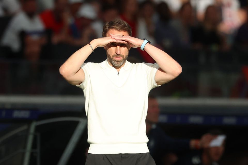 FRANKFURT AM MAIN, GERMANY - JUNE 20: Gareth Southgate, Head Coach of England, shades the sun from his eyes as he looks on during the UEFA EURO 2024 group stage match between Denmark and England at Frankfurt Arena on June 20, 2024 in Frankfurt am Main, Germany. (Photo by Richard Pelham/Getty Images)