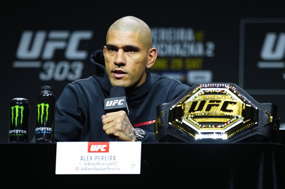 LAS VEGAS, NEVADA - JUNE 27: Alex Pereira of Brazil is seen on stage during the UFC 303 press conference at T-Mobile Arena on June 27, 2024 in Las Vegas, Nevada. (Photo by Jeff Bottari/Zuffa LLC via Getty Images)