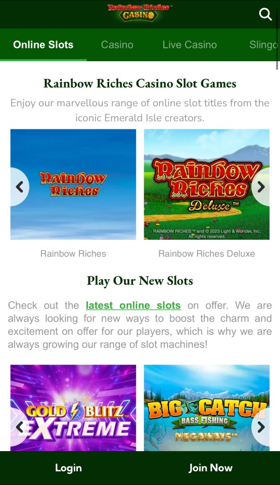 Collage of Rainbow Riches casino slot game screenshots.