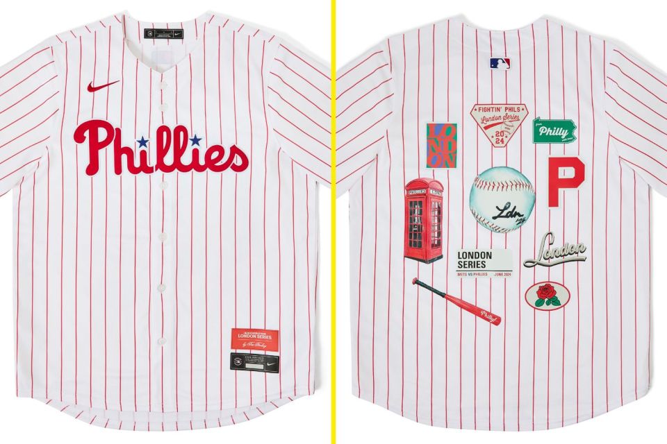 The Phillies design features travel-inspired patches in a nod to fans' journey across the Atlantic