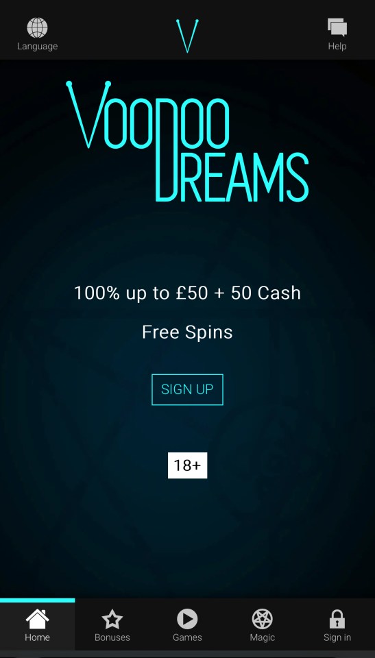 Voodoo Dreams casino signup screen: 100% up to £50 + 50 free spins.  18+