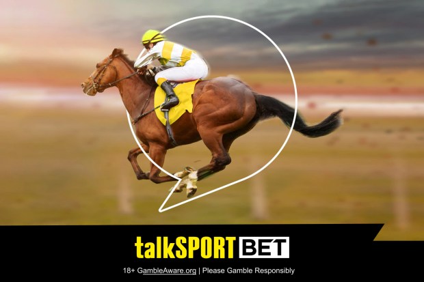 Jockey on a horse racing, TalkSportBet logo.