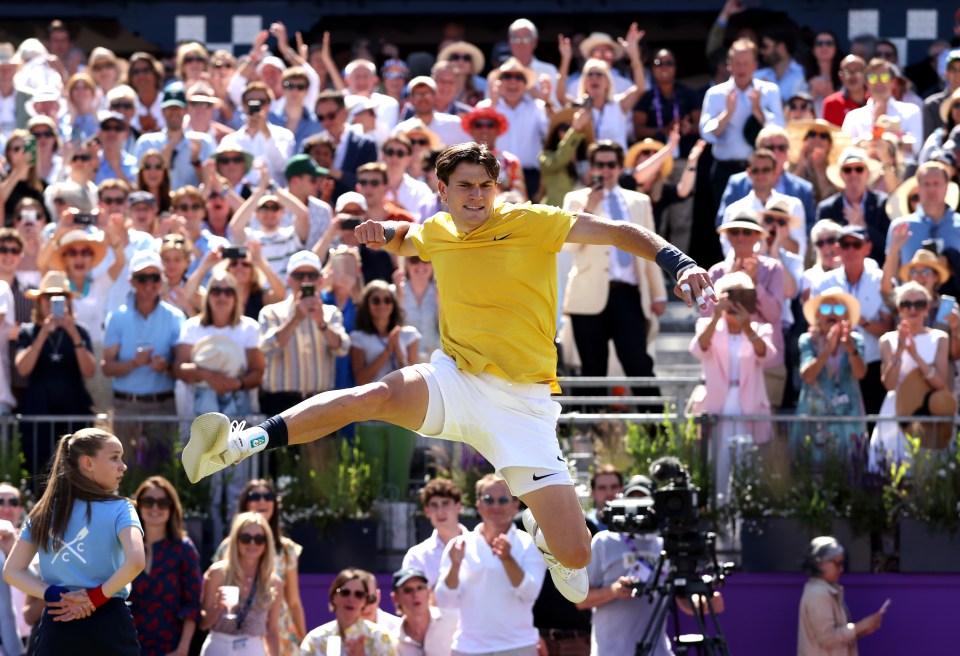 Draper couldn't contain his excitement as he jumped in the air to celebrate beating Alcaraz