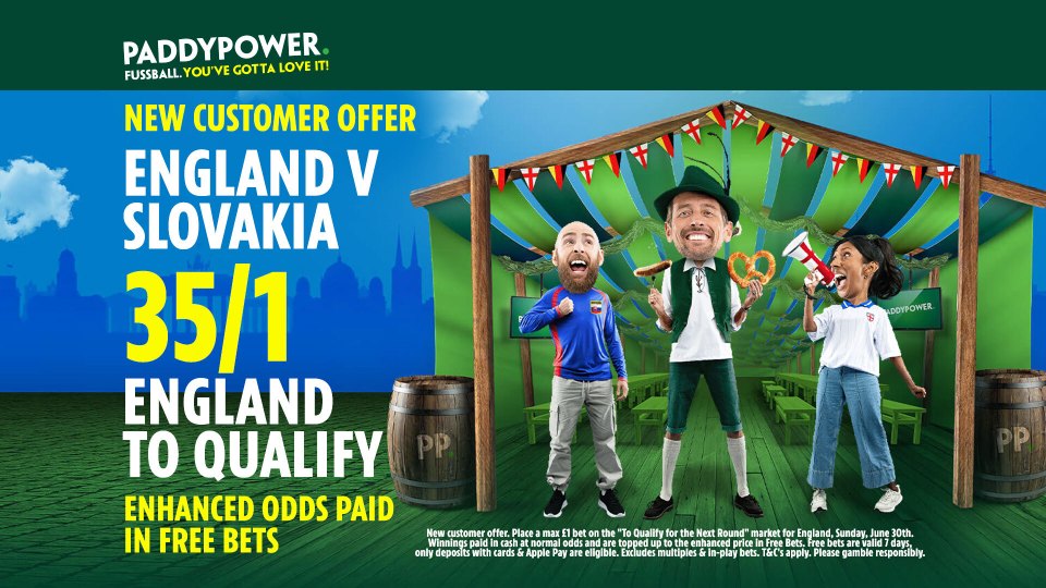 Paddy Power are offering new customers enhanced odds on England to qualify over Slovakia at 35/1!