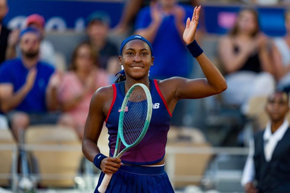 PARIS, FRANCE - JULY 28: Coco Gauff of Team United States celebrates winning match point against Ajla Tomljanovic of Team Australia during the Womens Singles first round match on day two of the Olympic Games Paris 2024 at Roland Garros on July 28, 2024 in Paris, France. (Photo by Andy Cheung/Getty Images)