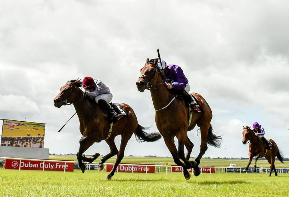Bucanero Fuerte, near side, with Rossa Ryan up, on their way to winning The GAIN Railway Stakes from second place  Unquestionable with Ryan Moore during day three of the Dubai Duty Free Irish Derby Festival at Curragh Racecourse in Kildare