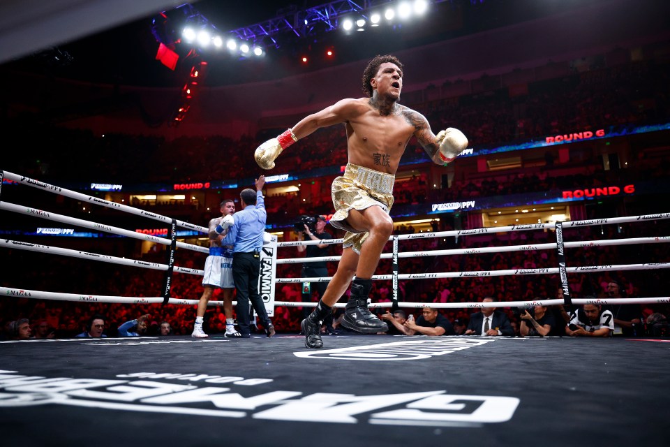 ANAHEIM, CALIFORNIA - JULY 06: Amado Vargas celebrates a knockout against Sean Garcia during round of their lightweights fight at Honda Center on July 06, 2024 in Anaheim, California. (Photo by Ronald Martinez/Getty Images)